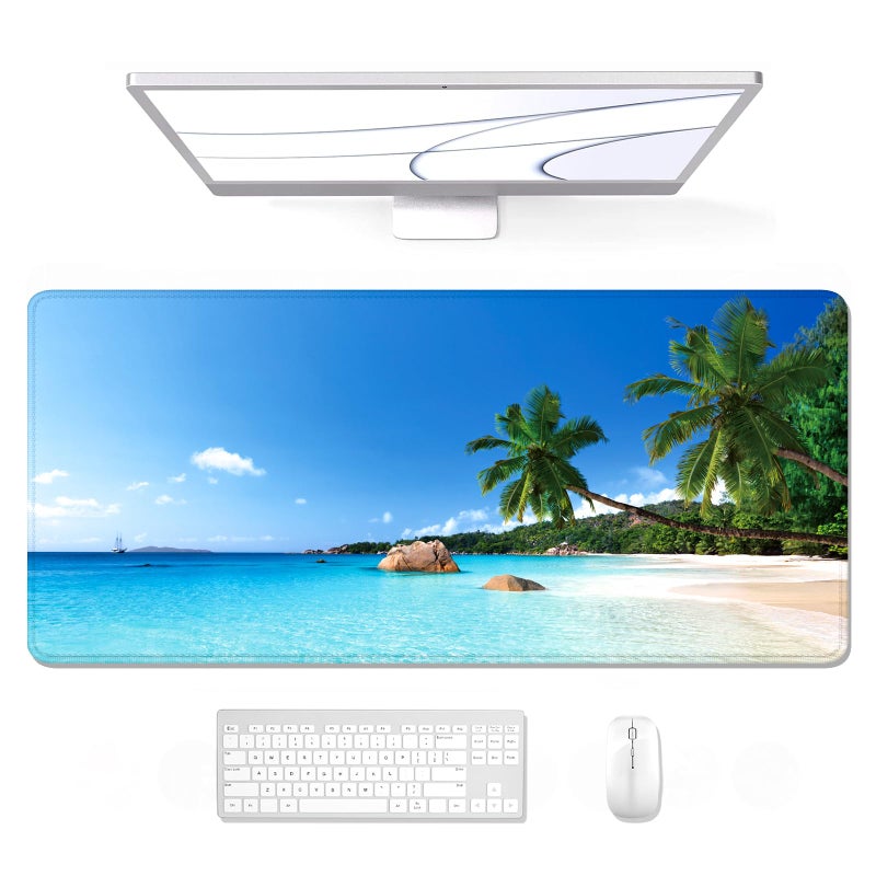 Auhoahsil Large Gaming Mouse Pad, Beach Theme XXL 35.4 x 15.7 in Desk Pad Stitched Non-Slip Rubber Long Computer Mousepad Thin Extended Full Size Desk Mat for Desktop, Laptop, Wireless Mice, Blue - Image 1
